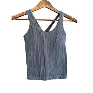 Aura Ribbed Seamless Crop Tank Top Women's‎ Size S M Gray Criss Cross Strap